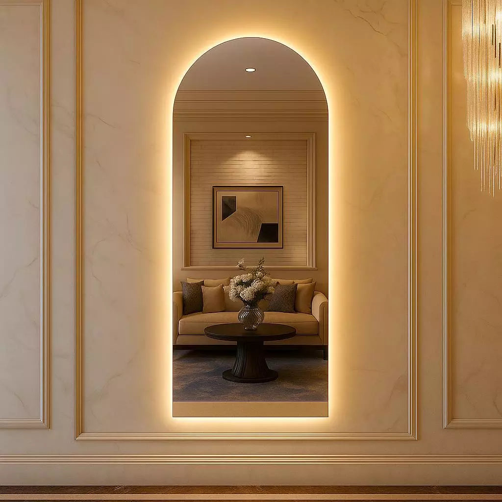 Espelho Oval de Luxo com Iluminação LED e Suporte Articulado – Estilo Escandinavo Minimalista