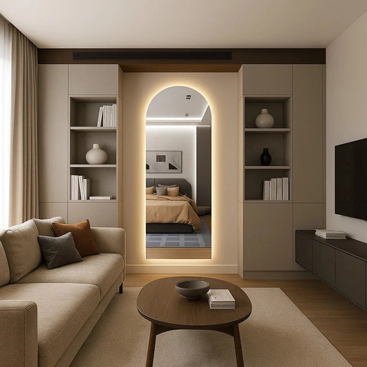 Espelho Oval de Luxo com Iluminação LED e Suporte Articulado – Estilo Escandinavo Minimalista